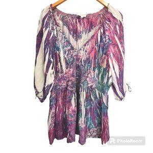 Fashion Bug Pink & Blue Floral V-Neck 3/4 Sleeve Tunic